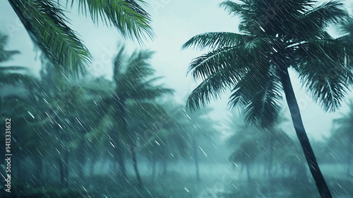 Tropical storm with palm trees bending in heavy rain and wind