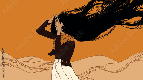Illustrated female with long hair in desert landscape flat vector illustration