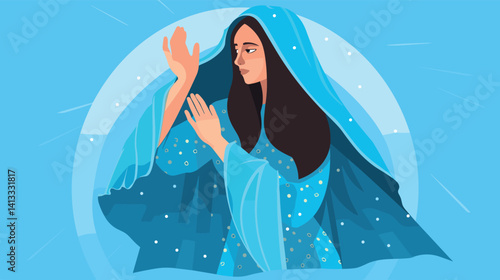 Woman in blue veil against starry sky - female art portrait flat vector illustration