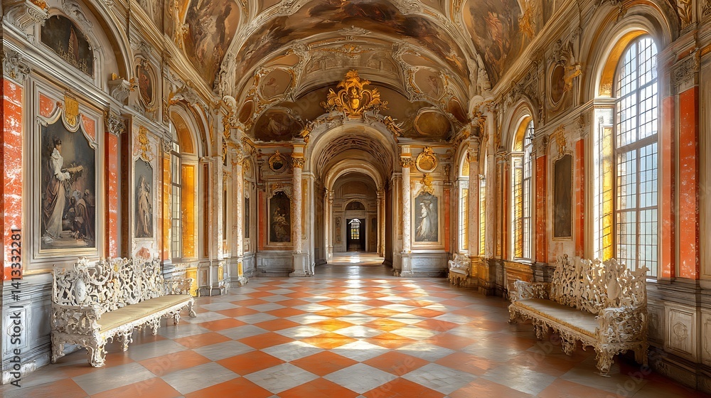 Fototapeta premium Sunlit palace corridor, ornate details
