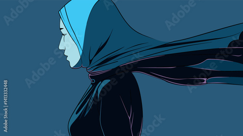 Female profile with hijab in wind, asian young woman, side view, blue tones flat vector illustration