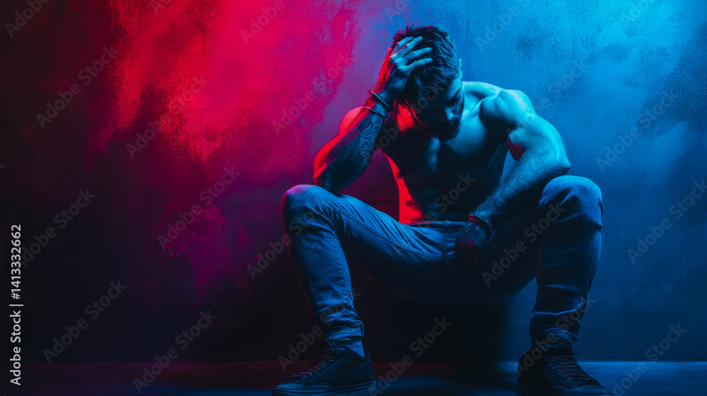 Obraz premium Contemplation: A man in jeans sits pensively under red and blue illumination, portraying a moment of introspection and dramatic atmosphere.