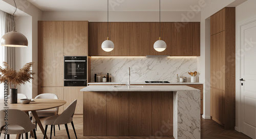 Wallpaper Mural Modern kitchen design Oak wood cabinets marble island warm lighting creating a cozy and elegant Torontodigital.ca