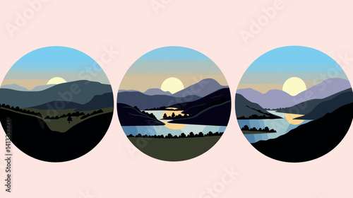 Circular landscapes illustrating mountain sunsets with rivers and hills flat vector illustration