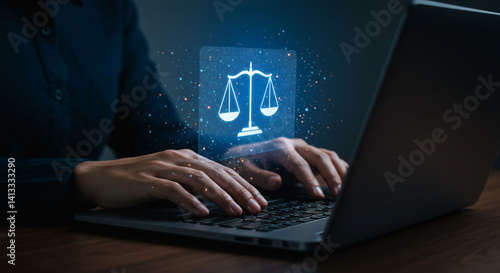 Wallpaper Mural Online Legal Research Scales of Justice glow above laptop keyboard digital law access blue tech hue Torontodigital.ca