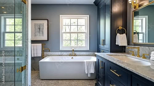 Elegant Master Bathroom Design with Freestanding Tub and Double Vanity