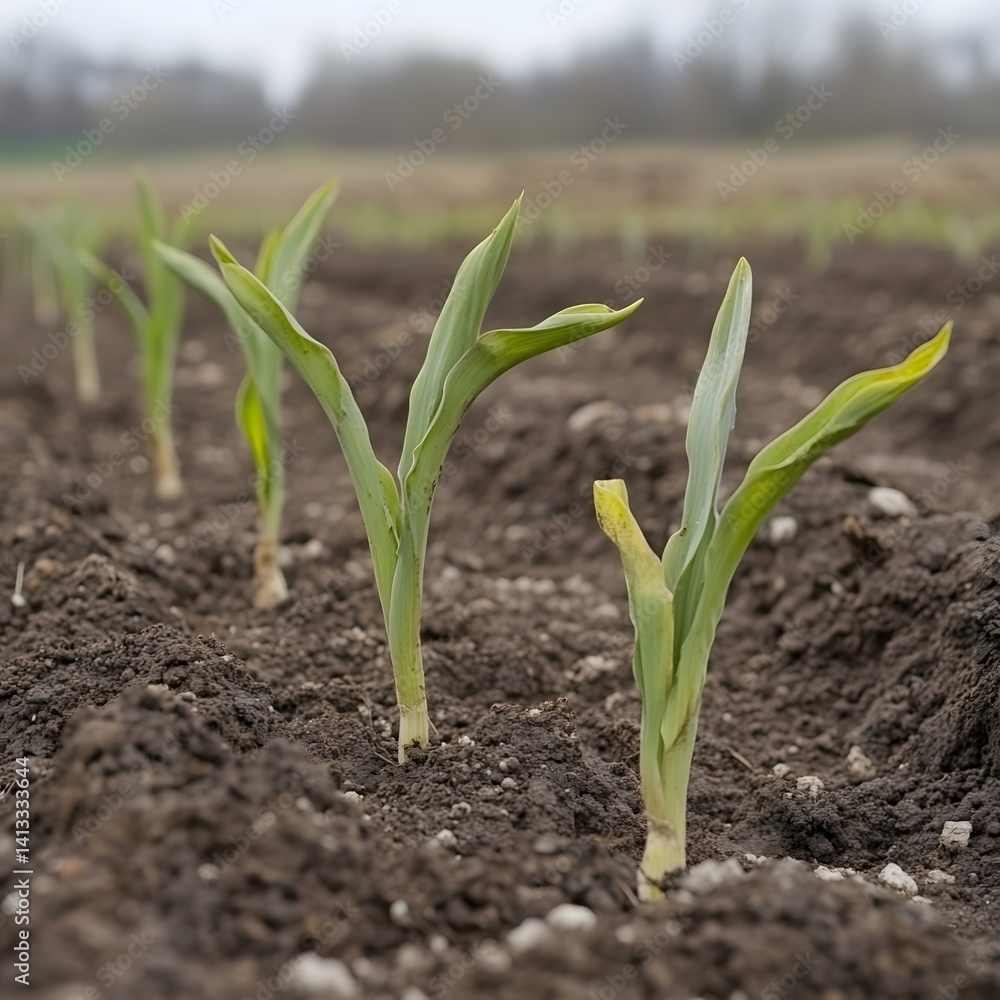 Fototapeta premium Young Corn Seedlings Emerging from Soil in a Field