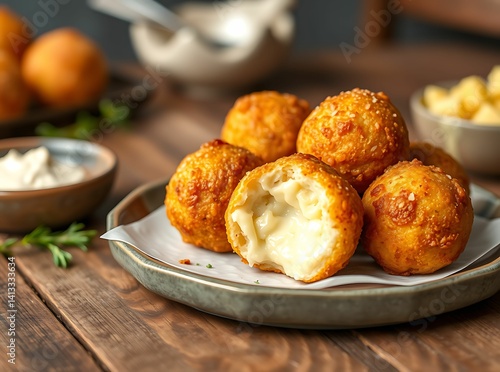 Crispy cheese-filled croquettes served with dipping sauce on plate