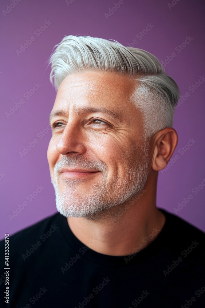 Obraz premium A man with timeless elegance and a natural smile. Idea of style for aging men. Purple solid background. Trendy men's classic long sweep haircut - midlife white man with white hair.