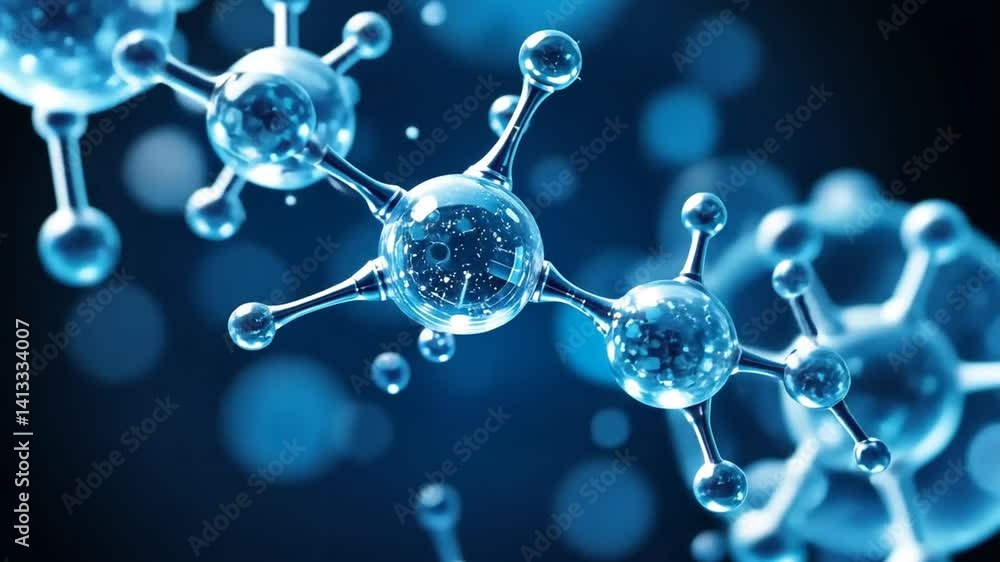 Blue transparent molecule model over blue Blue transparent molecule model over blue