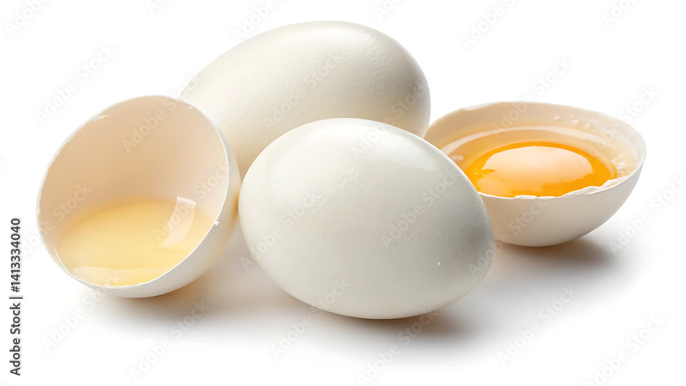 Raw chicken eggs with yolk on white background, top view Raw chicken eggs with yolk on white background, top view
