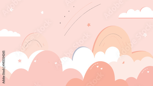 Pastel cloudscape with rainbow arches and stars in a dreamy sky flat vector illustration