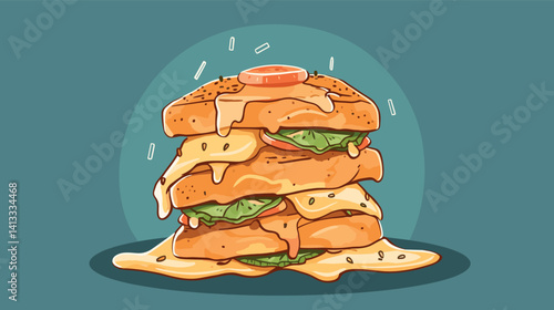 Cheeseburger layers with melted cheese and lettuce on a blue background flat vector illustration