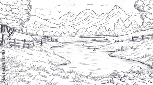 Wallpaper Mural Peaceful valley sketch landscape with river and mountains. Possible use Coloring book, educational material Torontodigital.ca