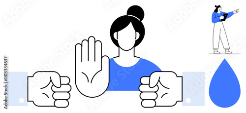 Woman raising hand in stop gesture, fists below, person holding board, and water drop symbol. Ideal for empowerment, awareness, protest, advocacy, action equality simple landing page
