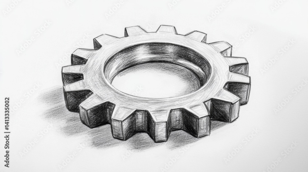 Detailed drawing of a metallic gear resting on a surface under soft lighting Detailed drawing of a metallic gear resting on a surface under soft lighting