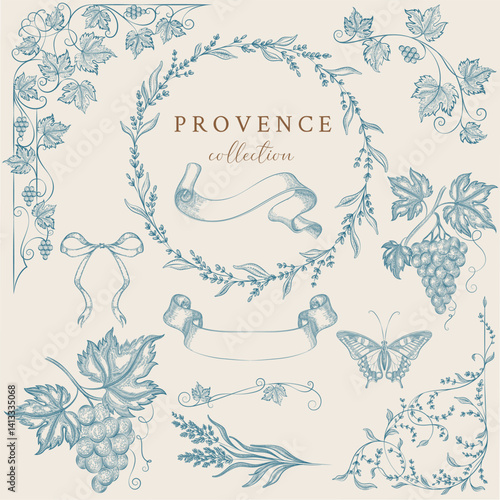 Provence floral engraving frames. Botanical wreaths and borders for wedding vintage invitations. Line art hand drawing, Victorian illustration