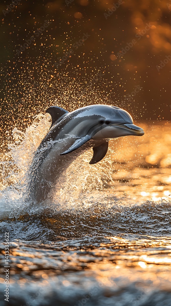 Obraz premium Majestic dolphin leaping from the water at sunset