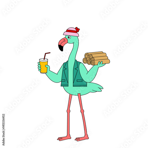 Isolated flamingo in festive vest enjoying spring rolls and soda on white background, ideal for educational blogs or playful stationery designs