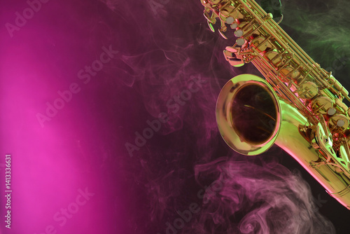 Photography Golden saxophone on color background with smoke, closeup