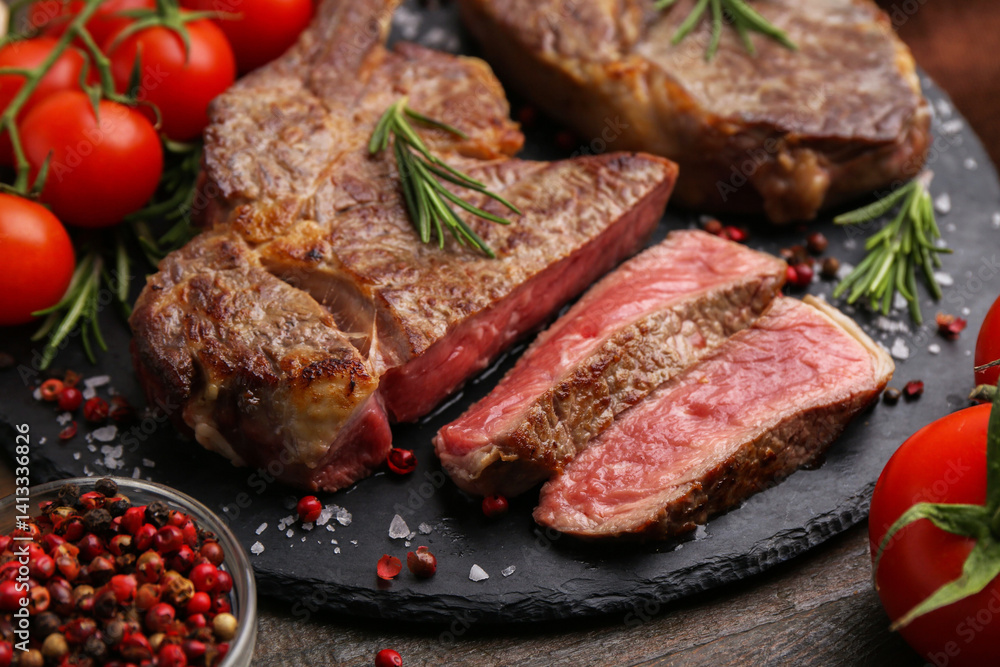Pieces of delicious beef meat, spices and tomatoes on table, closeup Pieces of delicious beef meat, spices and tomatoes on table, closeup