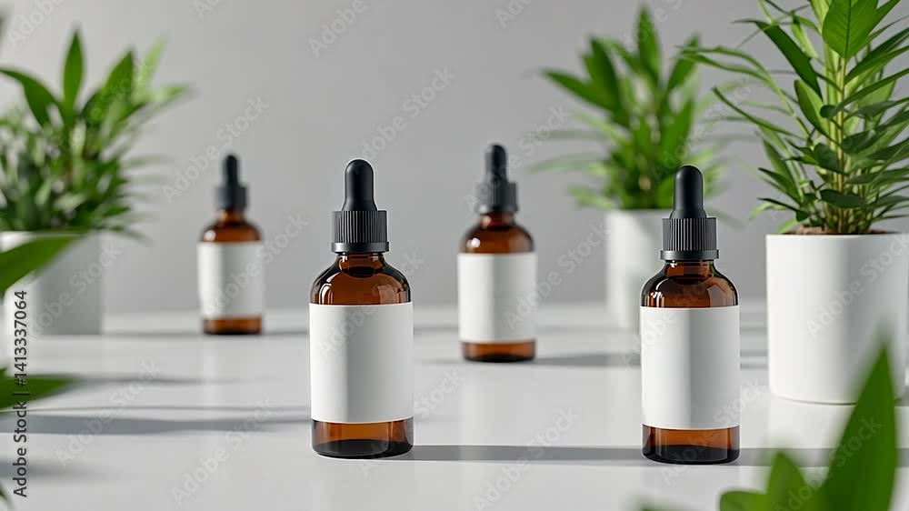 Brown glass dropper bottles with blank labels surrounded by green plants on a white table Brown glass dropper bottles with blank labels surrounded by green plants on a white table