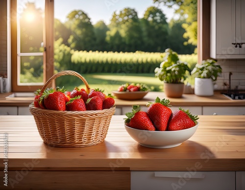 una canasta con frutillas, un plato con un par de frutillas partidos en dos, sobre la mesa limpia de madera de una cocina calida y acogedora que tiene una ventana que da a un hermoso jardin