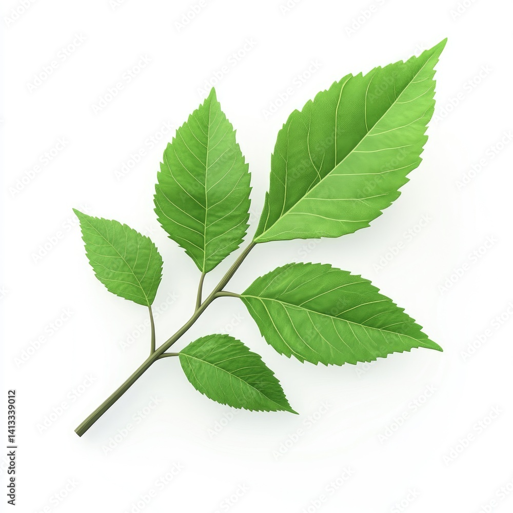 Fototapeta premium Bright green leaf branch against a white backdrop.
