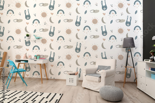 Obraz na płótnie Cozy children's room with stylish furniture and cute wallpaper. Stylish interior w salonie