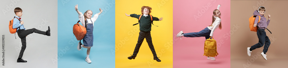 Cute school children with backpacks on different color backgrounds. Back to school. Collage of photos