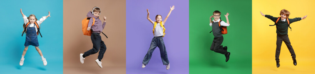 Cute school children with backpacks on different color backgrounds. Back to school. Collage of photos