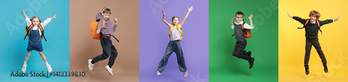 Fotografie Cute school children with backpacks on different color backgrounds