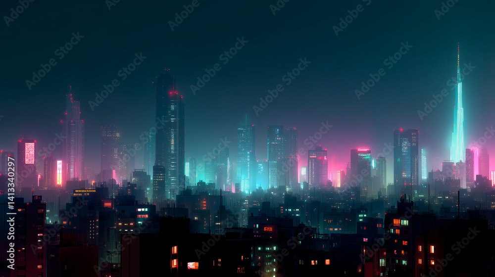 Fototapeta premium A futuristic cyberpunk city skyline glowing in neon colors, ideal for sci-fi backgrounds, tech banners, and modern posters.