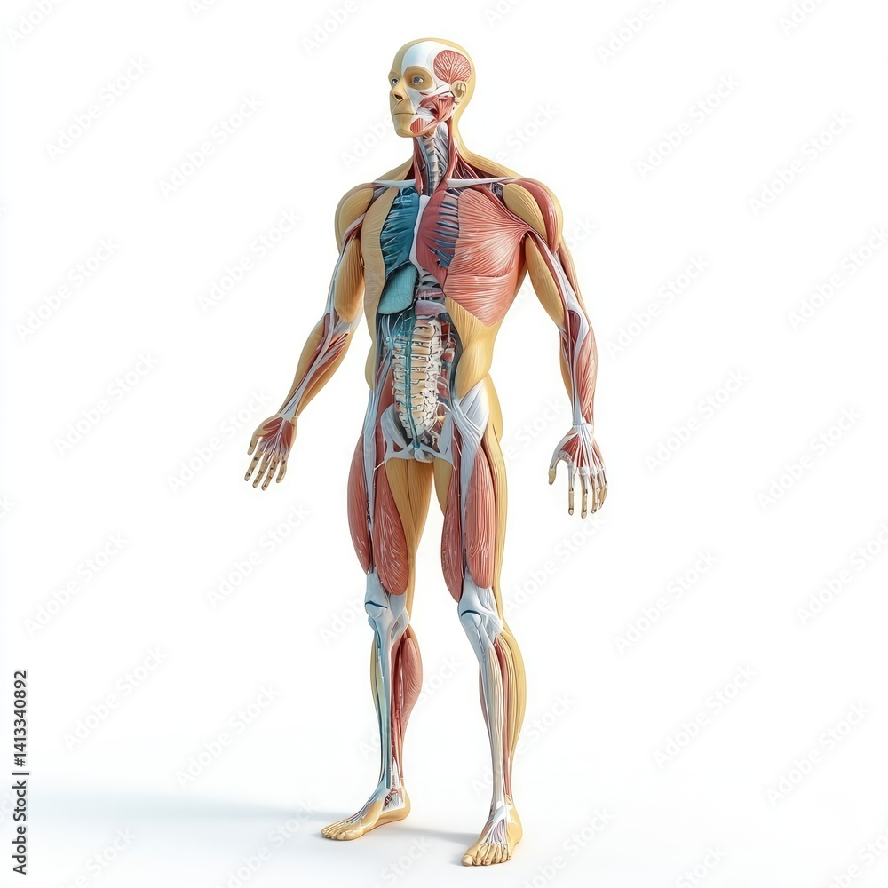 Detailed anatomical illustration of the human torso and extremities.