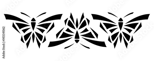 Vector stencils with abstract geometry butterfly. Black butterflies on white background. Monochrome natural decor. Cute isolate decorative design for laser cut, print, etc.