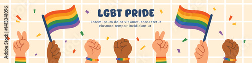 Vector LGBT pride month banner. People holding lgbtq rainbow flags. Gay pride parade celebration. Human rights. LGBTQ flat Illustration representing LGBTQ gay pride and gender diversity banner.