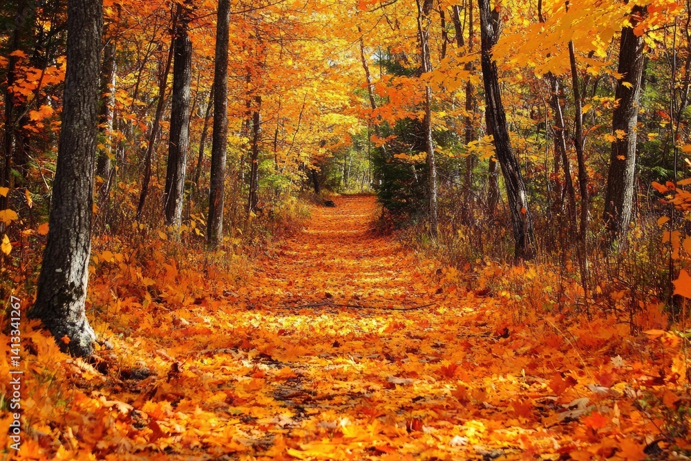 Obraz premium Forest Path Covered with Vibrant Fallen Leaves in Autumn Landscape, Sunlight Through Trees