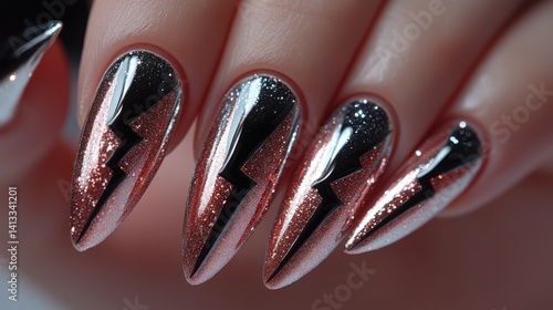 Stylish nail art featuring glittery lightning bolt design with black and silver accents created in a nail salon