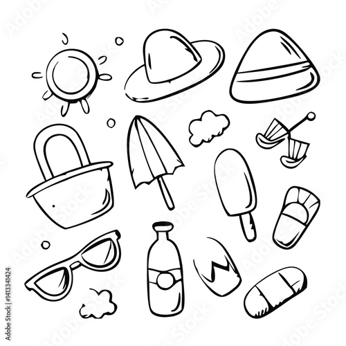Summer Beach Doodle Elements Collection Sun Hats And Vacation Accessories