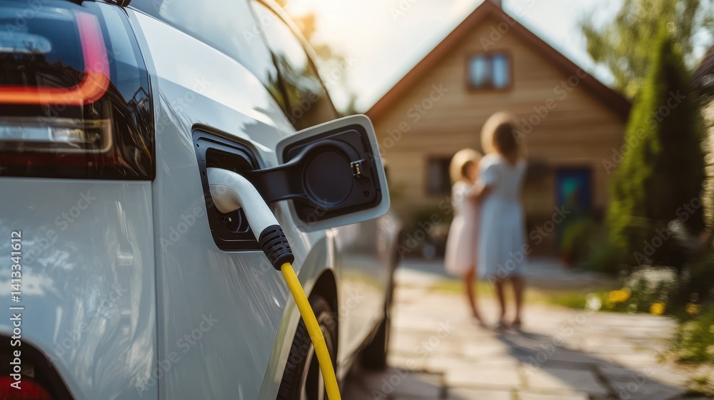 Electric car charging at home with mother and child in background, symbolizing clean energy and sustainable living. Electric car charging at home with mother and child in background, symbolizing clean energy and sustainable living.