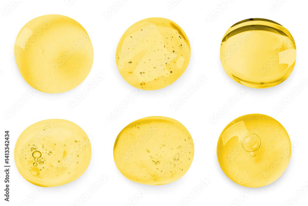 Drops of golden serum on white background, set