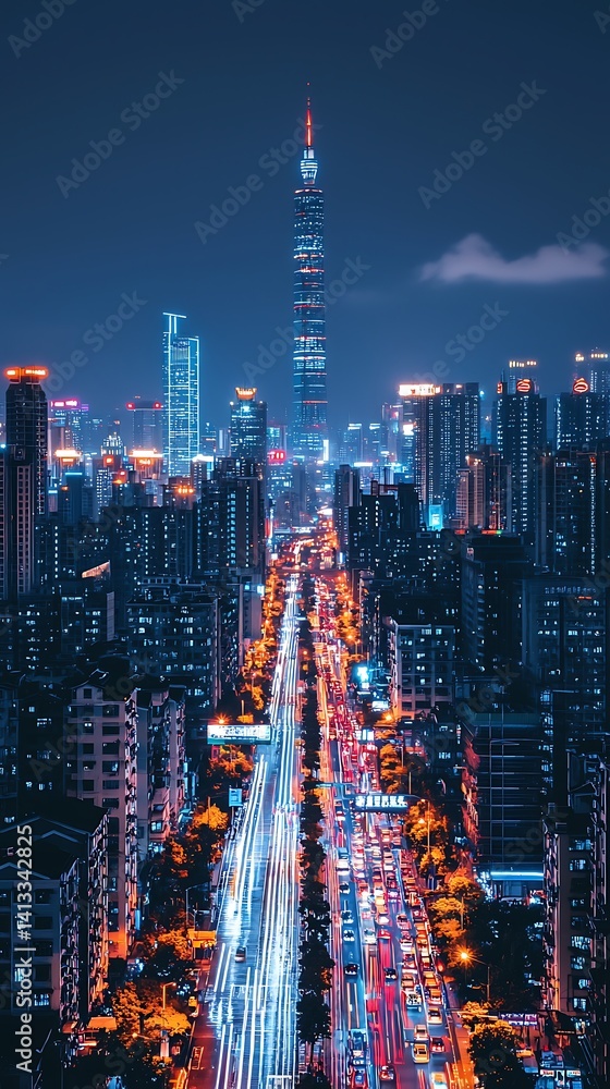 Fototapeta premium Night city view with illuminated skyscraper & car trails on bustling avenue