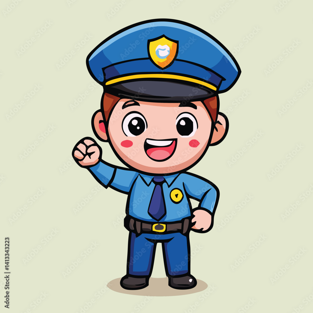 Cheerful Cartoon Policeman Character Illustration In Blue Uniform And Upraised Hand Cheerful Cartoon Policeman Character Illustration In Blue Uniform And Upraised Hand