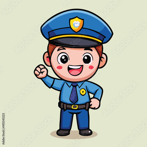 Cheerful Cartoon Policeman Character Illustration In Blue Uniform And Upraised Hand