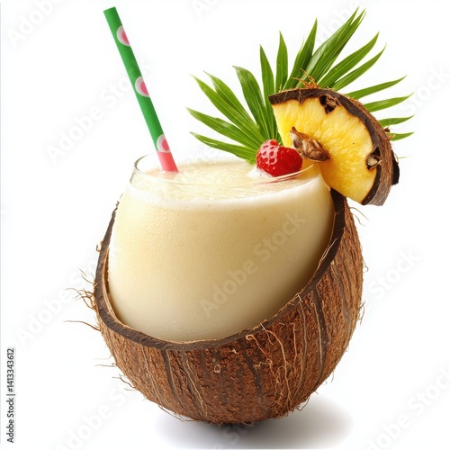 Pina colada in coconut shell on white background