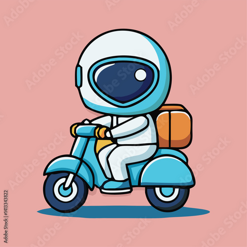 Cartoon Astronaut Delivering Food On Blue Scooter In Space Illustration