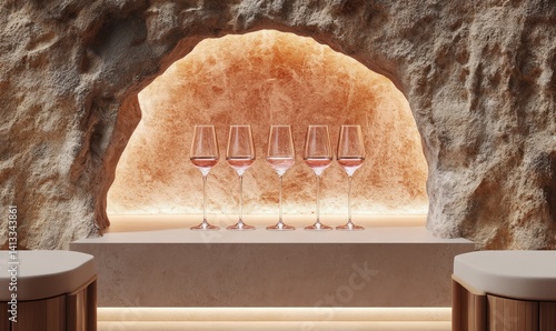 Ros? wine tasting in a cave; backlit alcove; stone background; wine glasses; elegant setting; hospitality