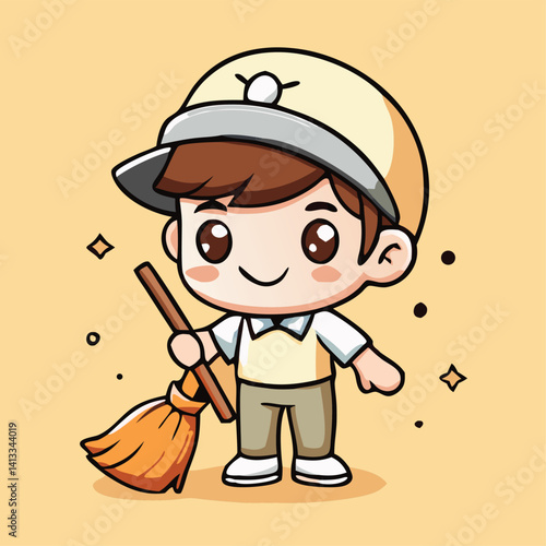 Cute Cartoon Janitor Holding Broom Cleaning With Cleanliness Background