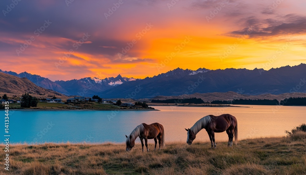 Majestic Horses Grazing at Sunset: Serene Mountain Lake Panorama Majestic Horses Grazing at Sunset: Serene Mountain Lake Panorama