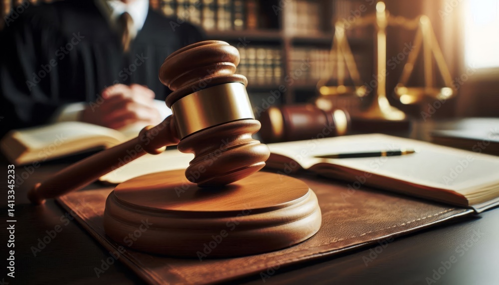 Judge Courtroom Gavel on Table during a Process - Judge holding the Gavel making Judgement - On a Table with the scales of Justice - Process and Final Verdict - Guilty or Not Guilty
Judge Courtroom Gavel on Table during a Process - Judge holding the Gavel making Judgement - On a Table with the scales of Justice - Process and Final Verdict - Guilty or Not Guilty